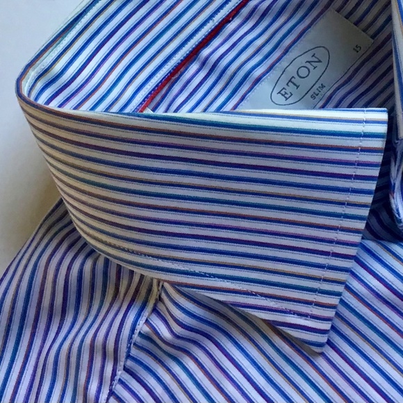 ETON slim light blue & brown pinstriped cotton shirt Sz 15 made in Europe - Picture 1 of 8